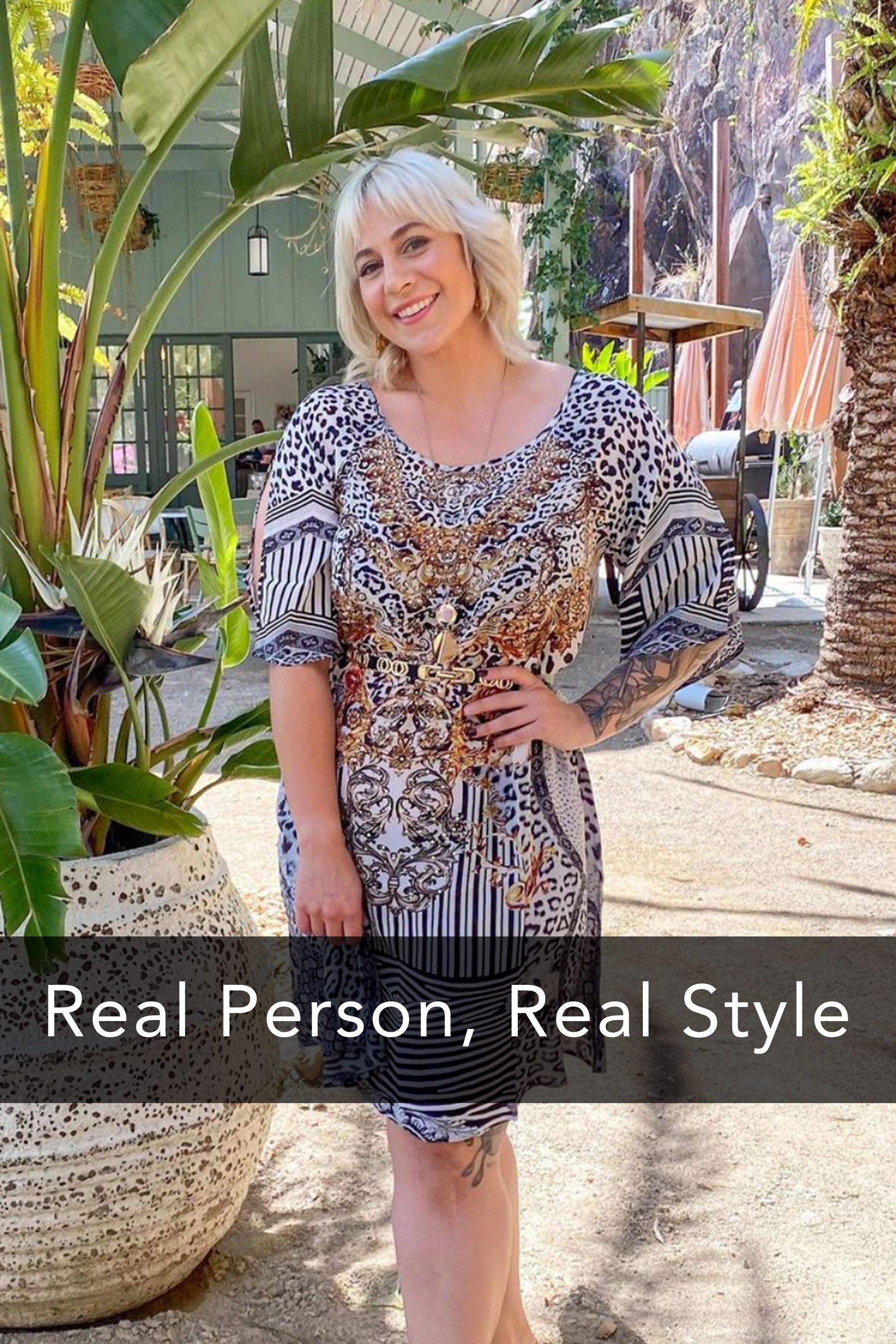 Front view of the Black, White & Orange Zaffari Slit Sleeve Dress (TheSwankStore) Soft Viscose fabric